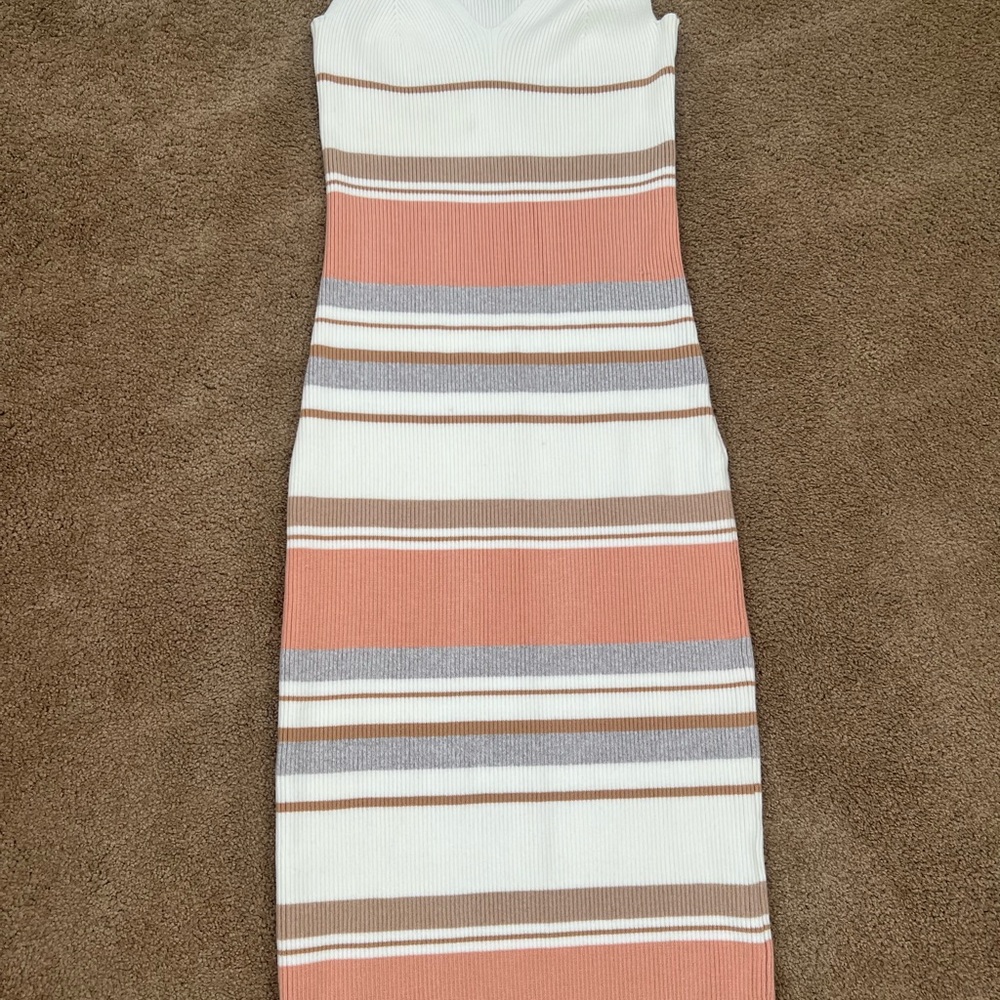 Multi-Stripe Ribbed Maxi Dress in Coral and Taupe